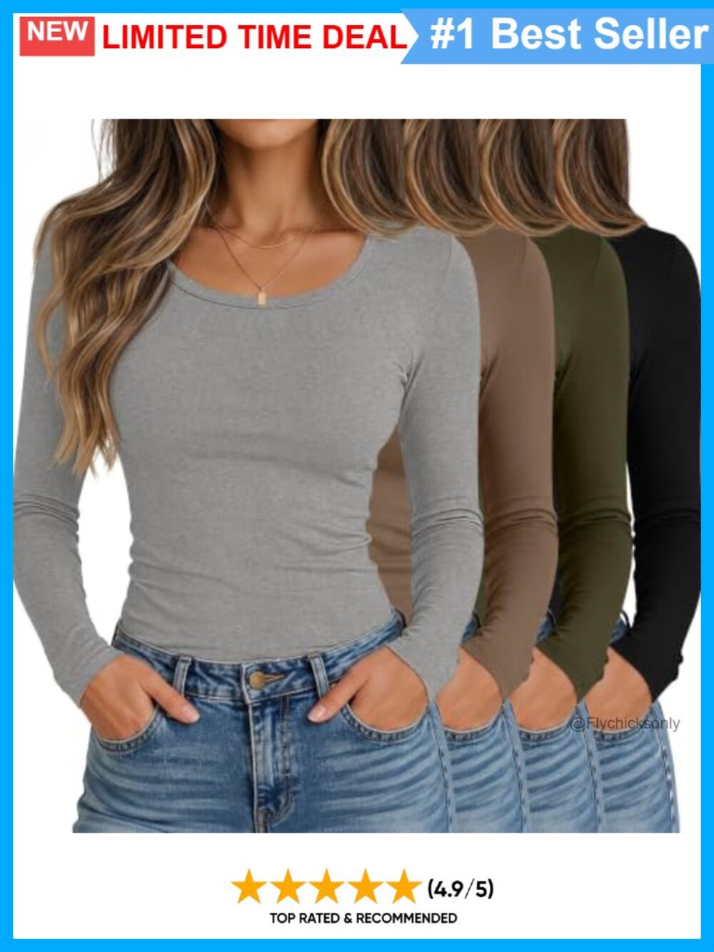 Women's Long Sleeve Scoop Neck Fitted Tops Stretch Layering Tees 4 Pack